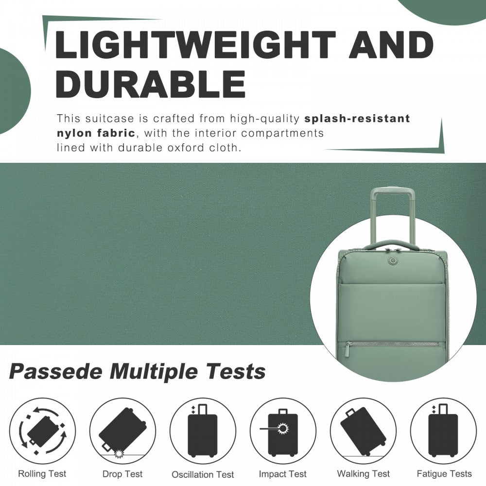 Women's Lightweight Soft Shell Suitcase with Spinner Wheels and Compartments – 20-Inch – Green
