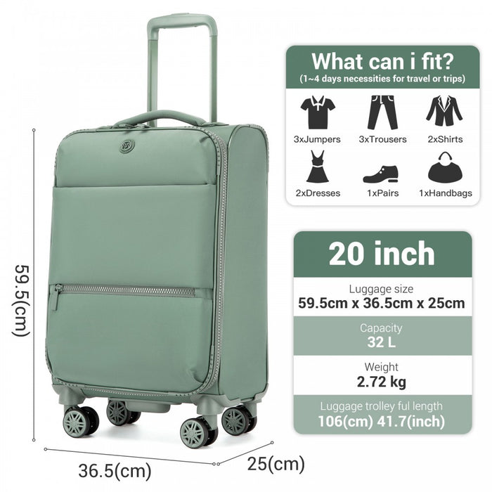 Women's Lightweight Soft Shell Suitcase with Spinner Wheels and Compartments – 20-Inch – Green