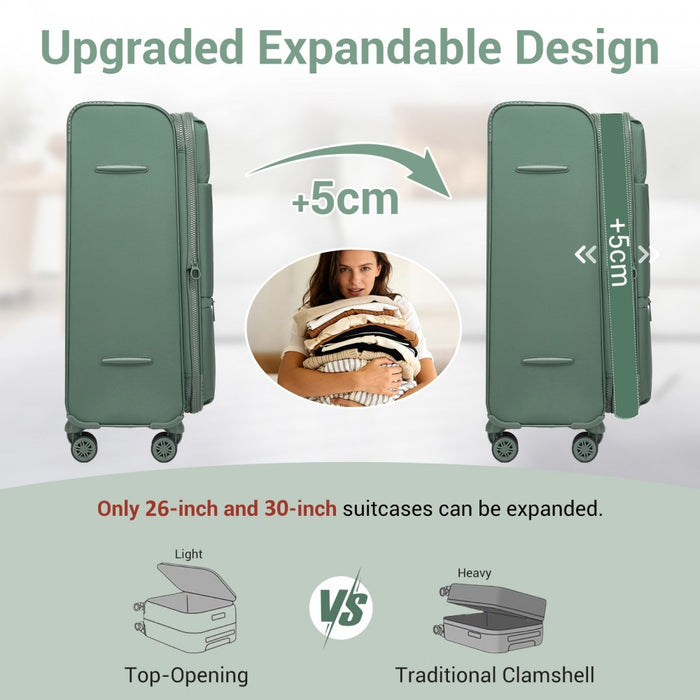 Women's Lightweight Soft Shell Suitcase with Spinner Wheels and Compartments – 26-Inch – Green