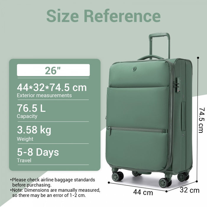Women's Lightweight Soft Shell Suitcase with Spinner Wheels and Compartments – 26-Inch – Green