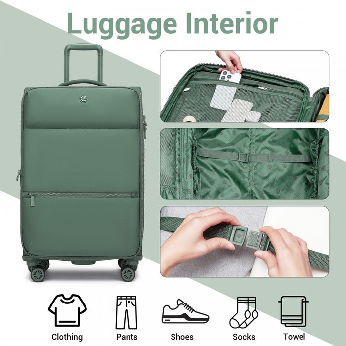 Women's Lightweight Soft Shell Suitcase with Spinner Wheels and Compartments – 26-Inch – Green