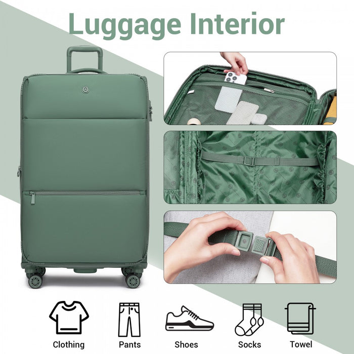 Women's Lightweight Soft Shell Suitcase with Spinner Wheels and Compartments – 30-Inch – Green