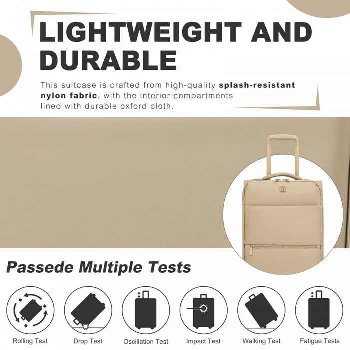 Women's Lightweight Soft Shell Suitcase with Spinner Wheels and Compartments – 20-Inch – Khaki