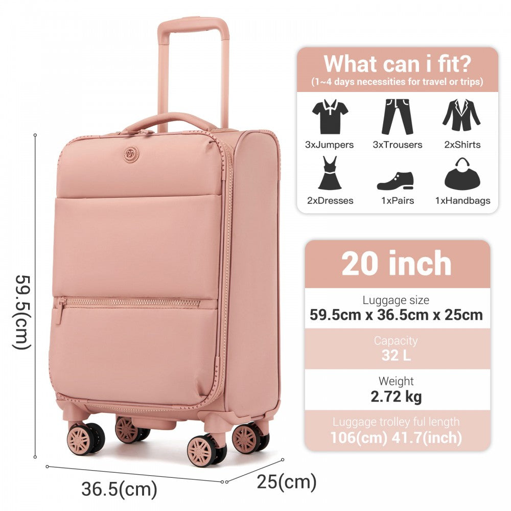 Women's Lightweight Soft Shell Suitcase with Spinner Wheels and Compartments – 20-Inch – Pink