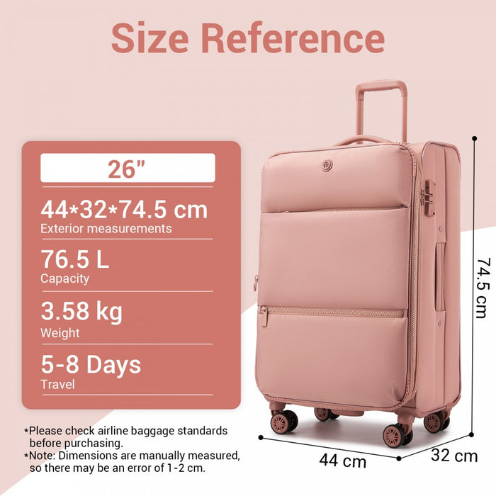 Women's Lightweight Soft Shell Suitcase with Spinner Wheels and Compartments – 26-Inch – Pink