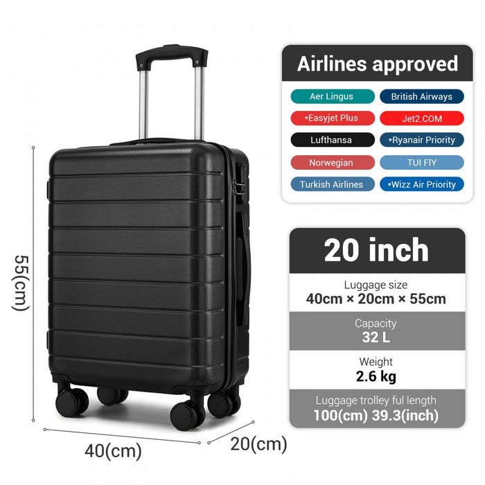 Lightweight ABS Hard Shell Carry-On Luggage with 360 Silent Wheels, Organised Interior – 20-Inch – Black