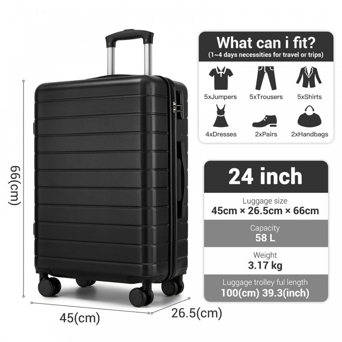 ABS Hard Shell Checked Luggage with 360 Silent Spinner Wheels – 24-Inch – Black
