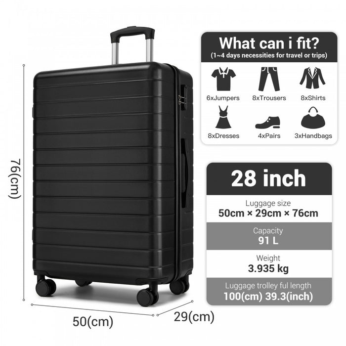 Large ABS Hard Shell Checked Luggage with 360 Silent Wheels – 28-Inch – Black
