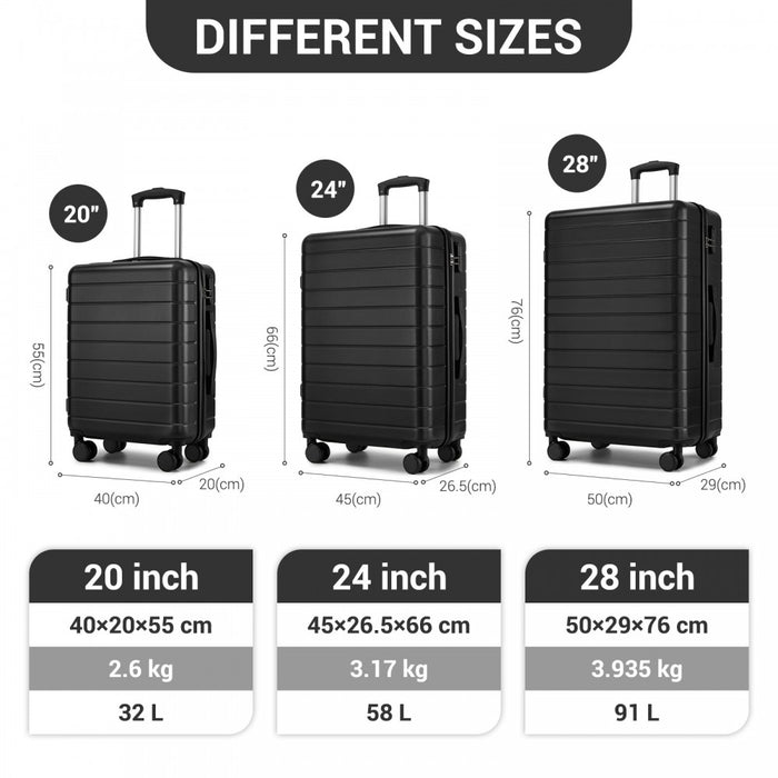 3-Piece Hard Shell Luggage Set, Lightweight ABS Suitcases with Silent Wheels – 20/24/28-Inch – Black