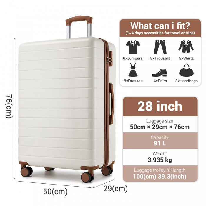 Large ABS Hard Shell Checked Luggage with 360 Silent Wheels – 28-Inch – Cream and Brown