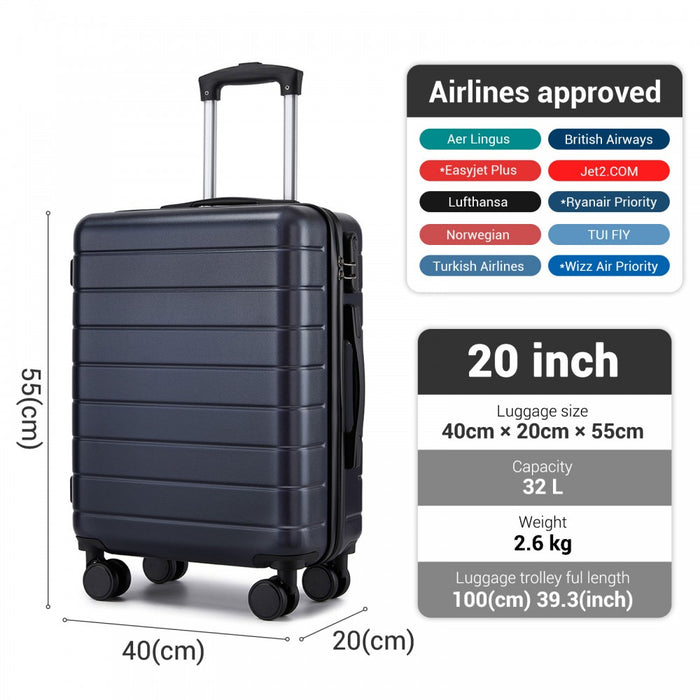 Lightweight ABS Hard Shell Carry-On Luggage with 360 Silent Wheels, Organised Interior – 20-Inch – Navy