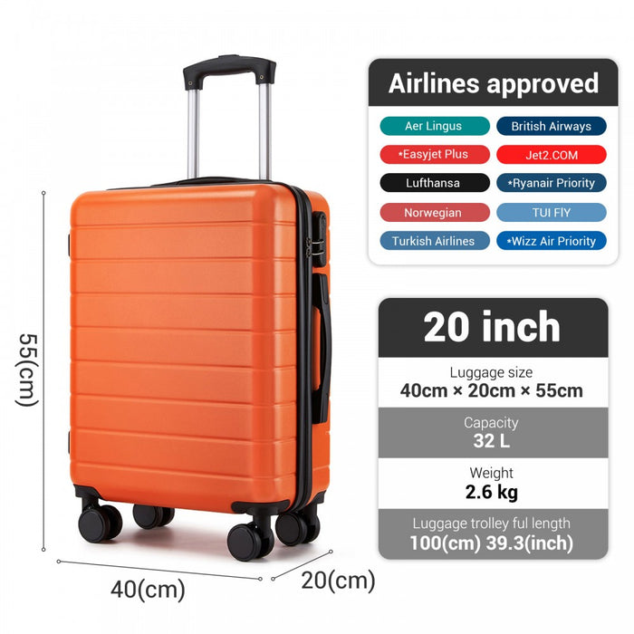 Lightweight ABS Hard Shell Carry-On Luggage with 360 Silent Wheels, Organised Interior – 20-Inch – Orange