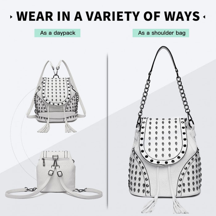 Skull Studded Backpack Shoulder Bag – Beige