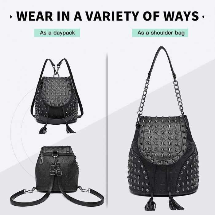 Skull Studded Backpack Shoulder Bag – Black