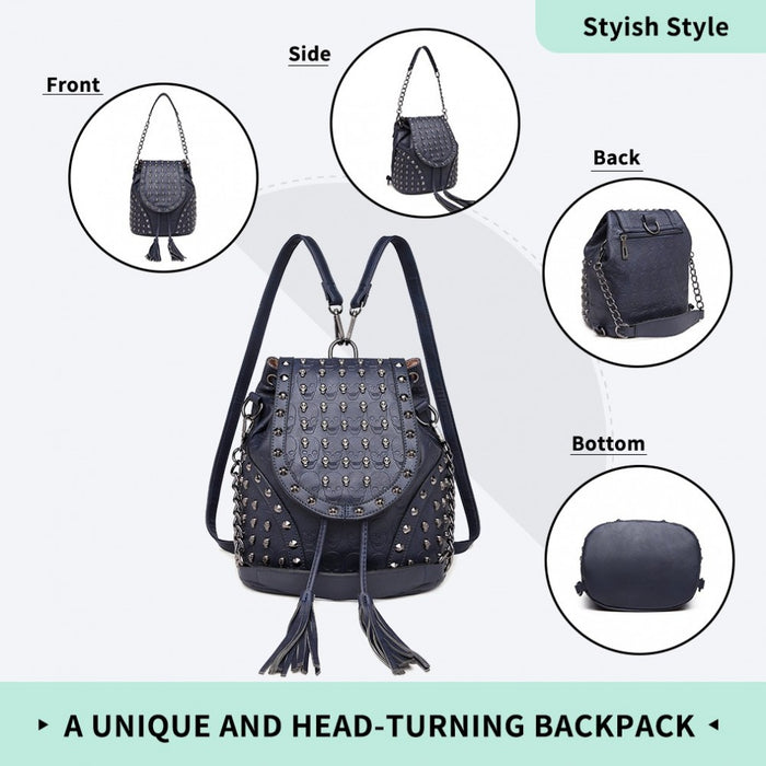 Skull Studded Backpack Shoulder Bag – Navy