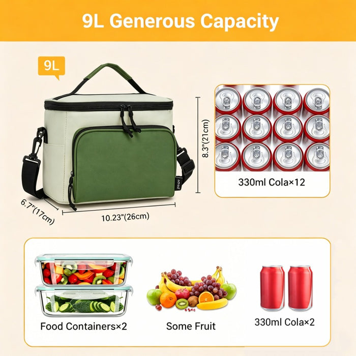 Insulated Lunch Bag-Water-Resistant 4-Layer Food Container, Leak-Proof with Adjustable Strap – Beige and Green