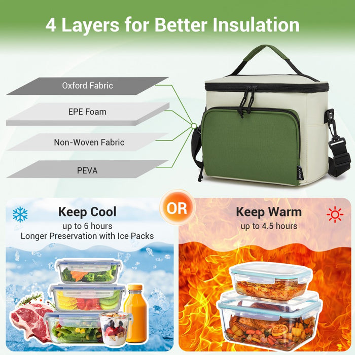Insulated Lunch Bag-Water-Resistant 4-Layer Food Container, Leak-Proof with Adjustable Strap – Beige and Green