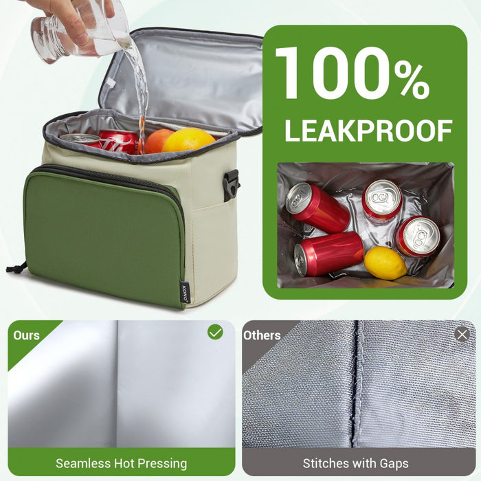 Insulated Lunch Bag-Water-Resistant 4-Layer Food Container, Leak-Proof with Adjustable Strap – Beige and Green
