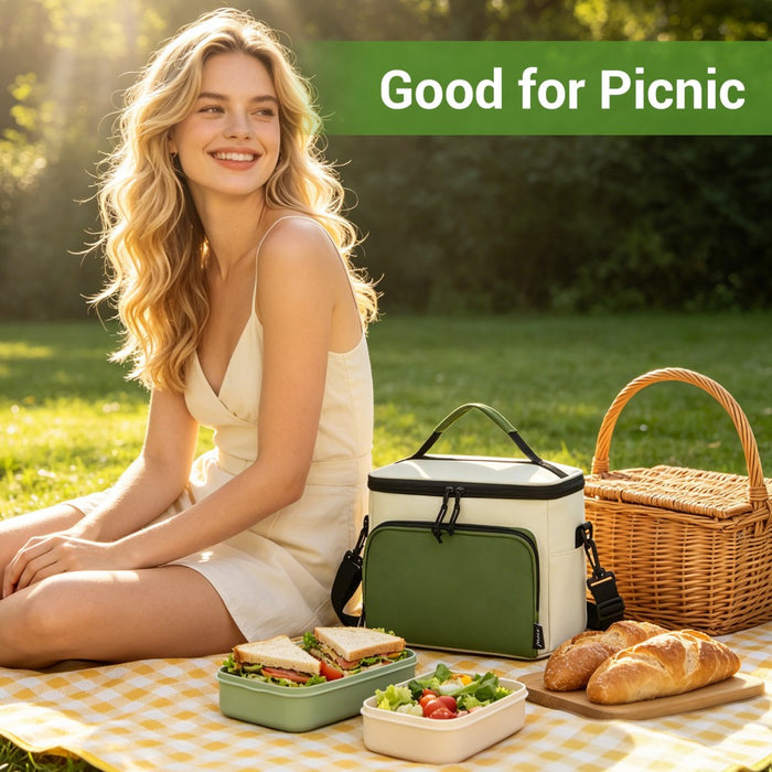 Insulated Lunch Bag-Water-Resistant 4-Layer Food Container, Leak-Proof with Adjustable Strap – Beige and Green