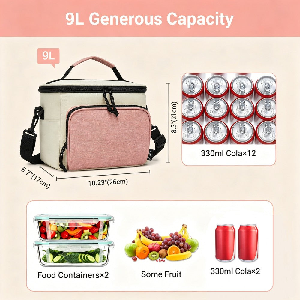 Insulated Lunch Bag-Water-Resistant 4-Layer Food Container, Leak-Proof with Adjustable Strap – Beige and Pink
