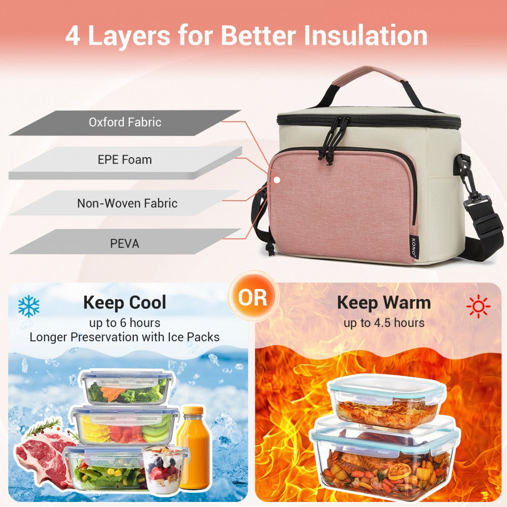 Insulated Lunch Bag-Water-Resistant 4-Layer Food Container, Leak-Proof with Adjustable Strap – Beige and Pink