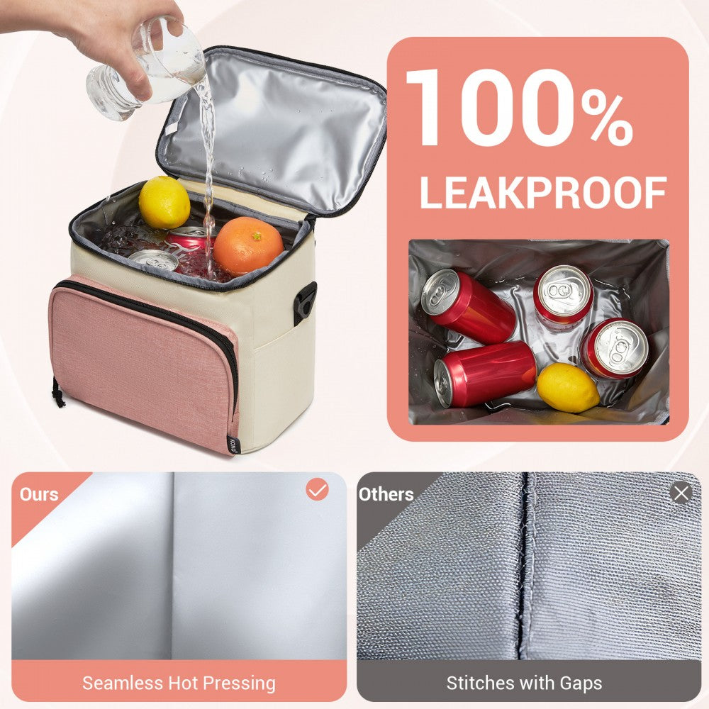 Insulated Lunch Bag-Water-Resistant 4-Layer Food Container, Leak-Proof with Adjustable Strap – Beige and Pink