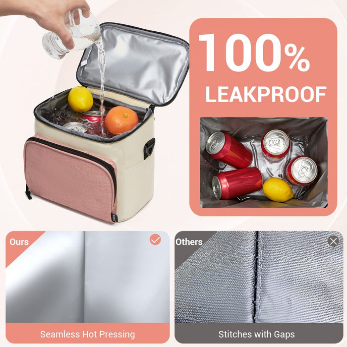 Insulated Lunch Bag-Water-Resistant 4-Layer Food Container, Leak-Proof with Adjustable Strap – Beige and Pink