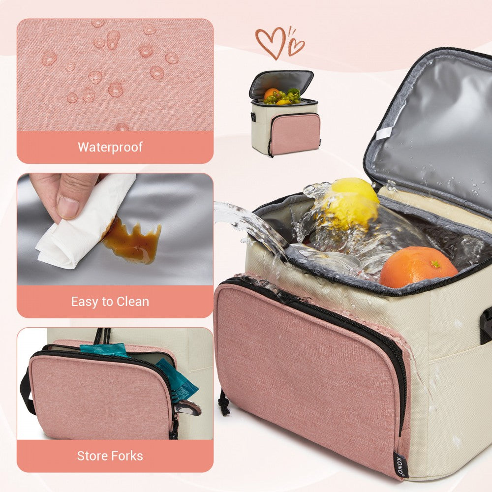 Insulated Lunch Bag-Water-Resistant 4-Layer Food Container, Leak-Proof with Adjustable Strap – Beige and Pink
