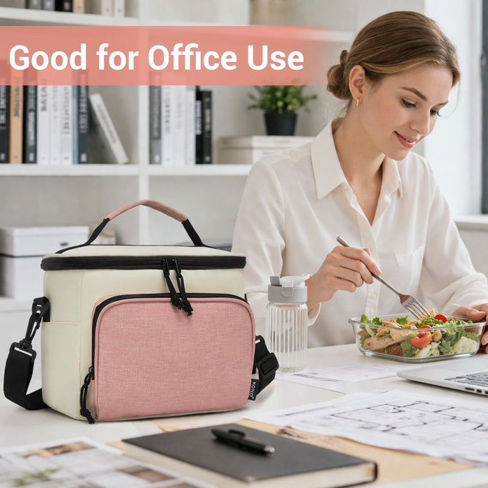Insulated Lunch Bag-Water-Resistant 4-Layer Food Container, Leak-Proof with Adjustable Strap – Beige and Pink