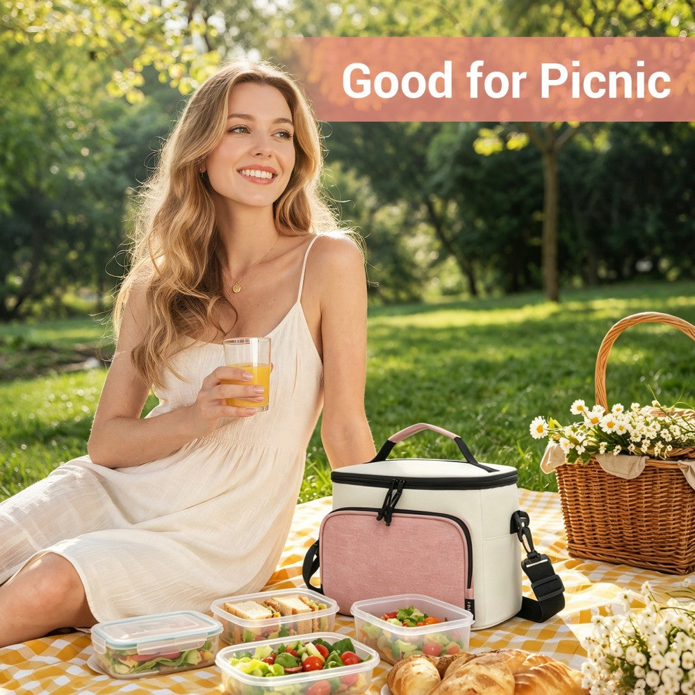 Insulated Lunch Bag-Water-Resistant 4-Layer Food Container, Leak-Proof with Adjustable Strap – Beige and Pink