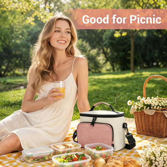 Insulated Lunch Bag-Water-Resistant 4-Layer Food Container, Leak-Proof with Adjustable Strap – Beige and Pink