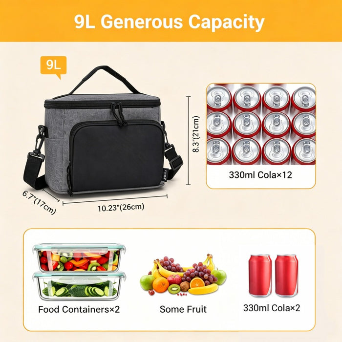 Insulated Lunch Bag-Water-Resistant 4-Layer Food Container, Leak-Proof with Adjustable Strap – Grey and Black