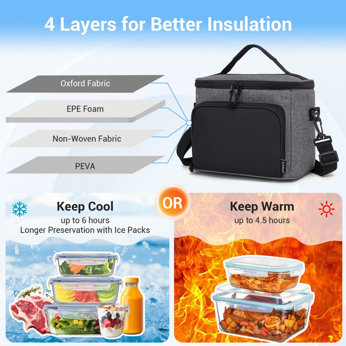 Insulated Lunch Bag-Water-Resistant 4-Layer Food Container, Leak-Proof with Adjustable Strap – Grey and Black