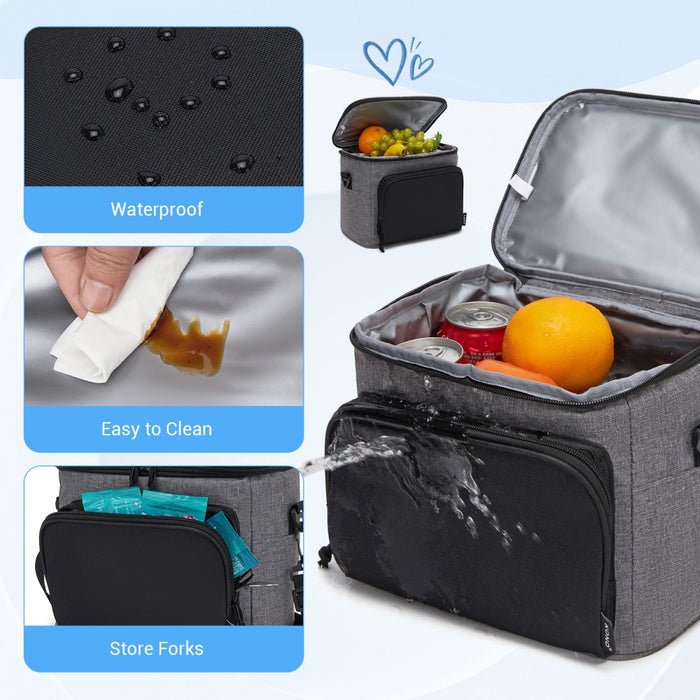 Insulated Lunch Bag-Water-Resistant 4-Layer Food Container, Leak-Proof with Adjustable Strap – Grey and Black