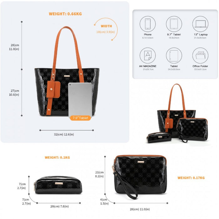 4-Piece Glossy PU Leather Tote Bag Set – Black and Brown