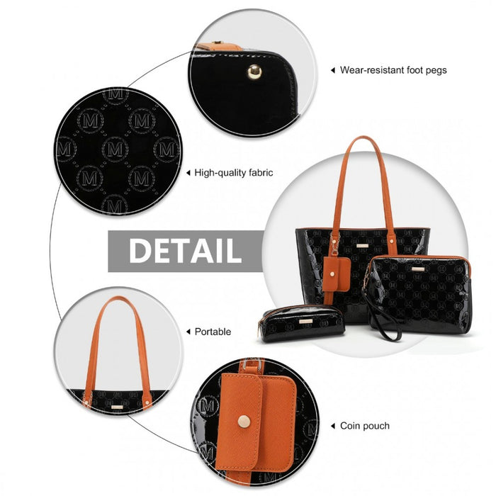 4-Piece Glossy PU Leather Tote Bag Set – Black and Brown
