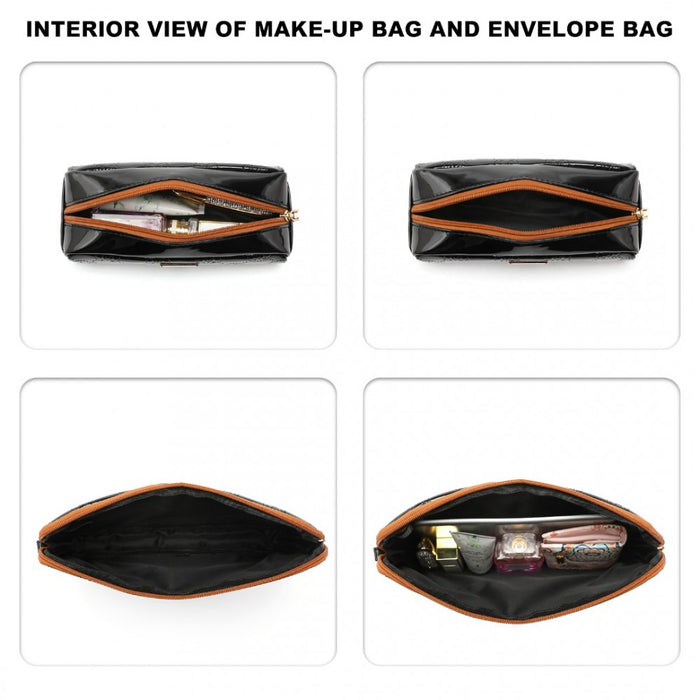 4-Piece Glossy PU Leather Tote Bag Set – Black and Brown