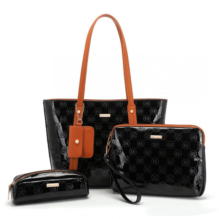 4-Piece Glossy PU Leather Tote Bag Set – Black and Brown
