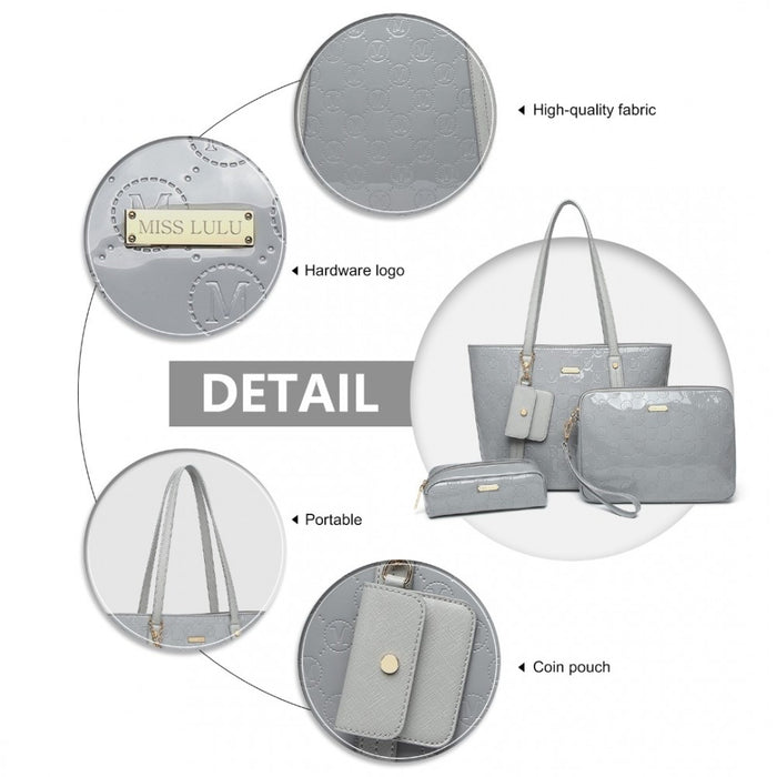 4-Piece Glossy PU Leather Tote Bag Set – Grey