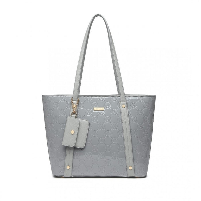 4-Piece Glossy PU Leather Tote Bag Set – Grey