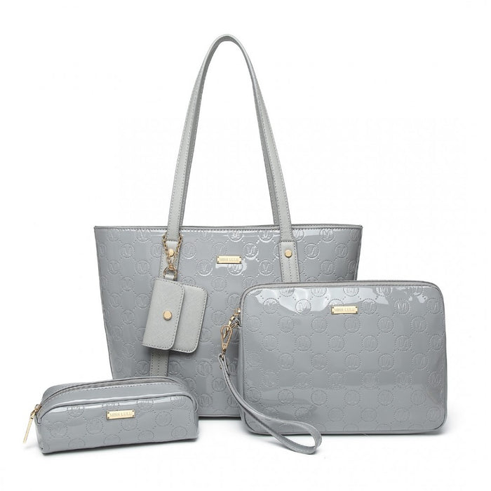 4-Piece Glossy PU Leather Tote Bag Set – Grey