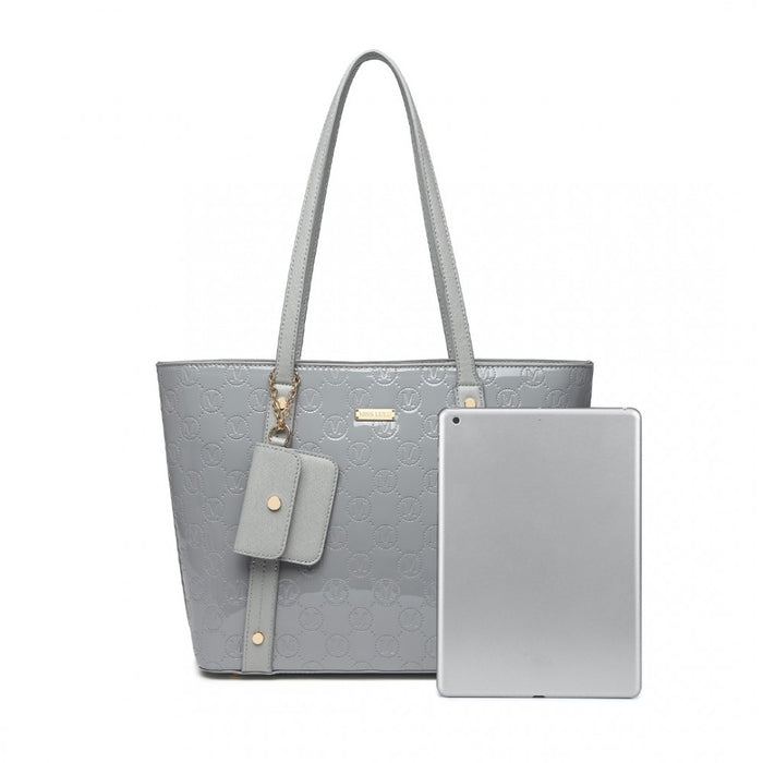 4-Piece Glossy PU Leather Tote Bag Set – Grey