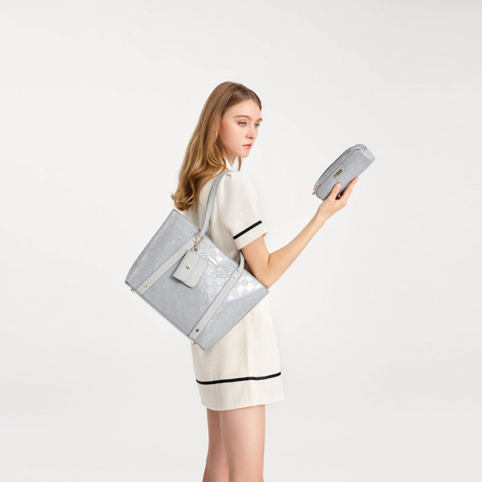 4-Piece Glossy PU Leather Tote Bag Set – Grey