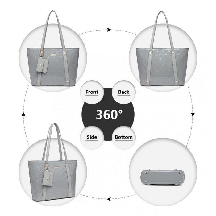 4-Piece Glossy PU Leather Tote Bag Set – Grey