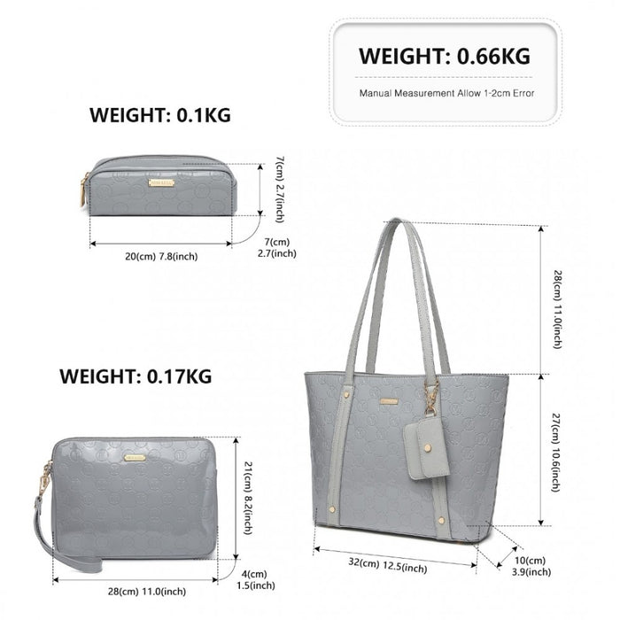 4-Piece Glossy PU Leather Tote Bag Set – Grey