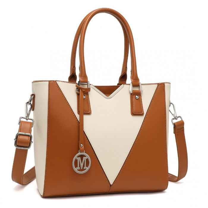 PU Leather V-Shape Shoulder Handbag – Brown and Beige