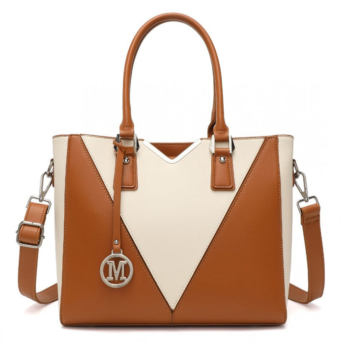 PU Leather V-Shape Shoulder Handbag – Brown and Beige