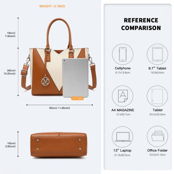 PU Leather V-Shape Shoulder Handbag – Brown and Beige
