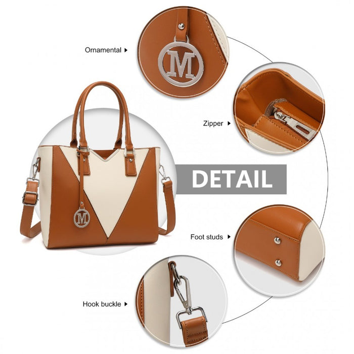 PU Leather V-Shape Shoulder Handbag – Brown and Beige