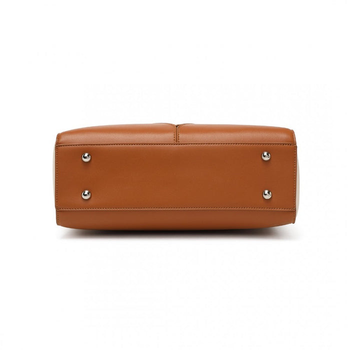 PU Leather V-Shape Shoulder Handbag – Brown and Beige